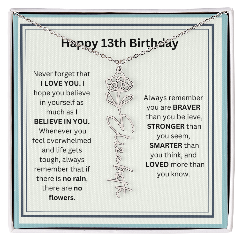 Personalized 13th Birthday Flower Name Necklace Gift