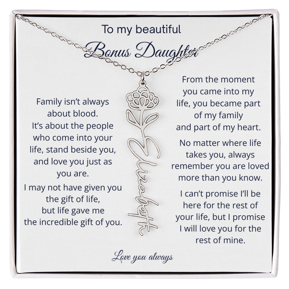 Bonus Daughter Jewelry Gift - Personalized Birth Flower Name Necklace