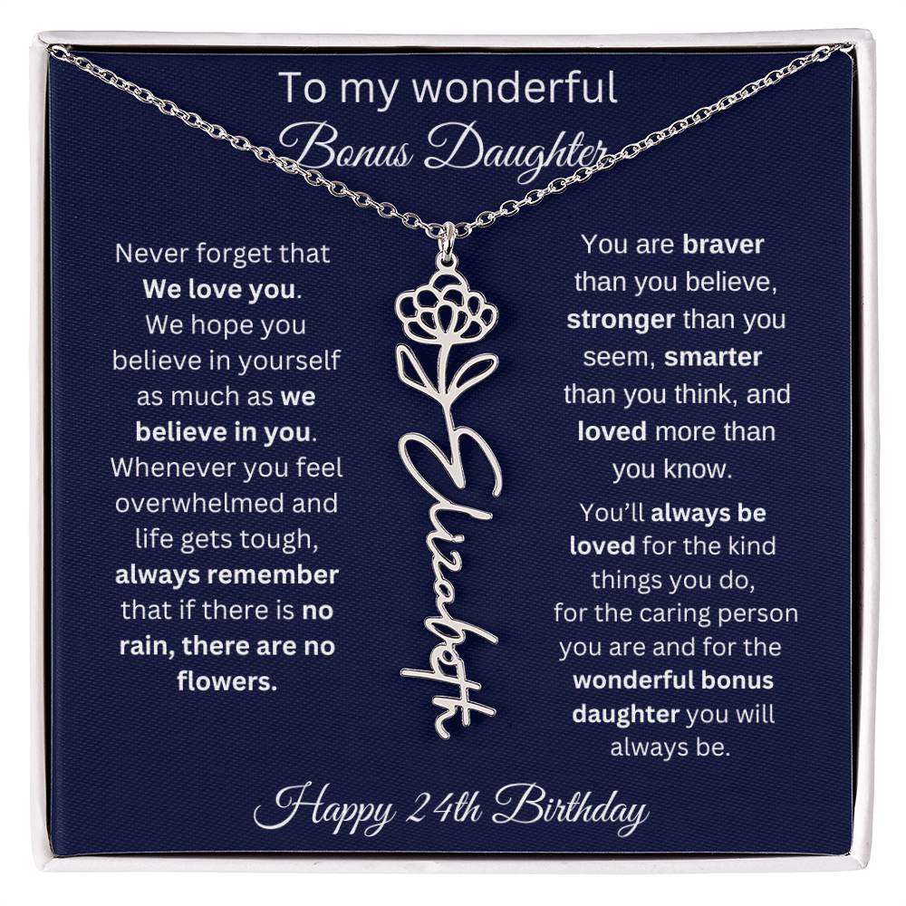 24th Birthday Gift For Bonus Daughter - Personalized Birthmonth Flower Name Necklace