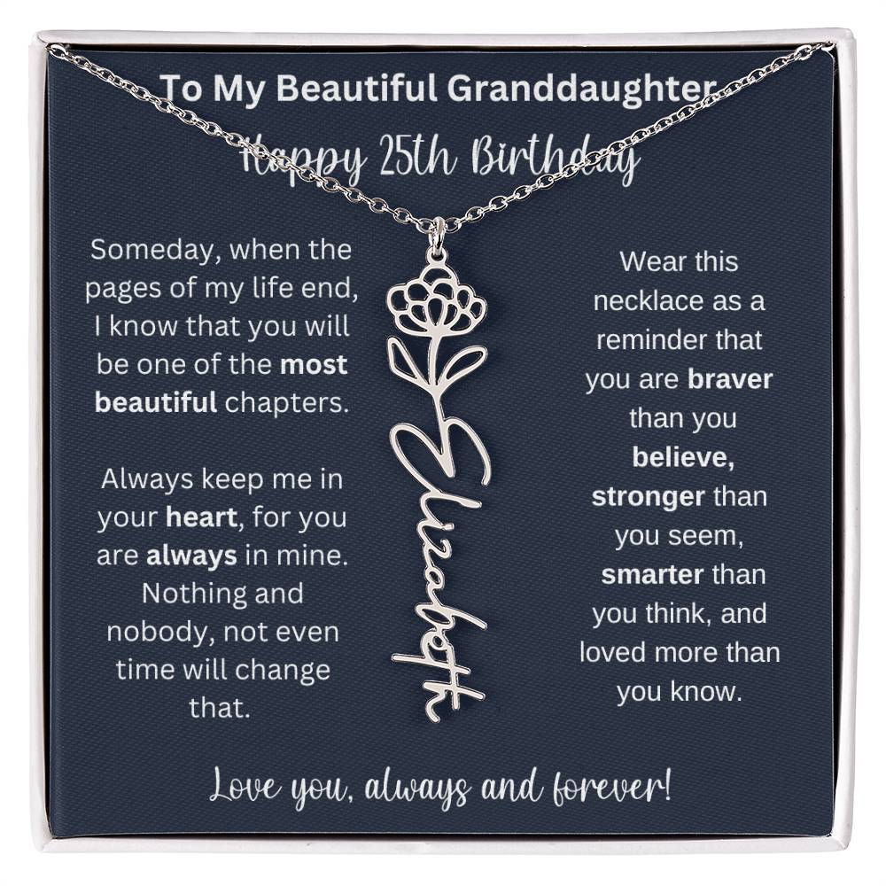 25th Birthday Gift For Granddaughter | Personalized Birth Flower Name Necklace
