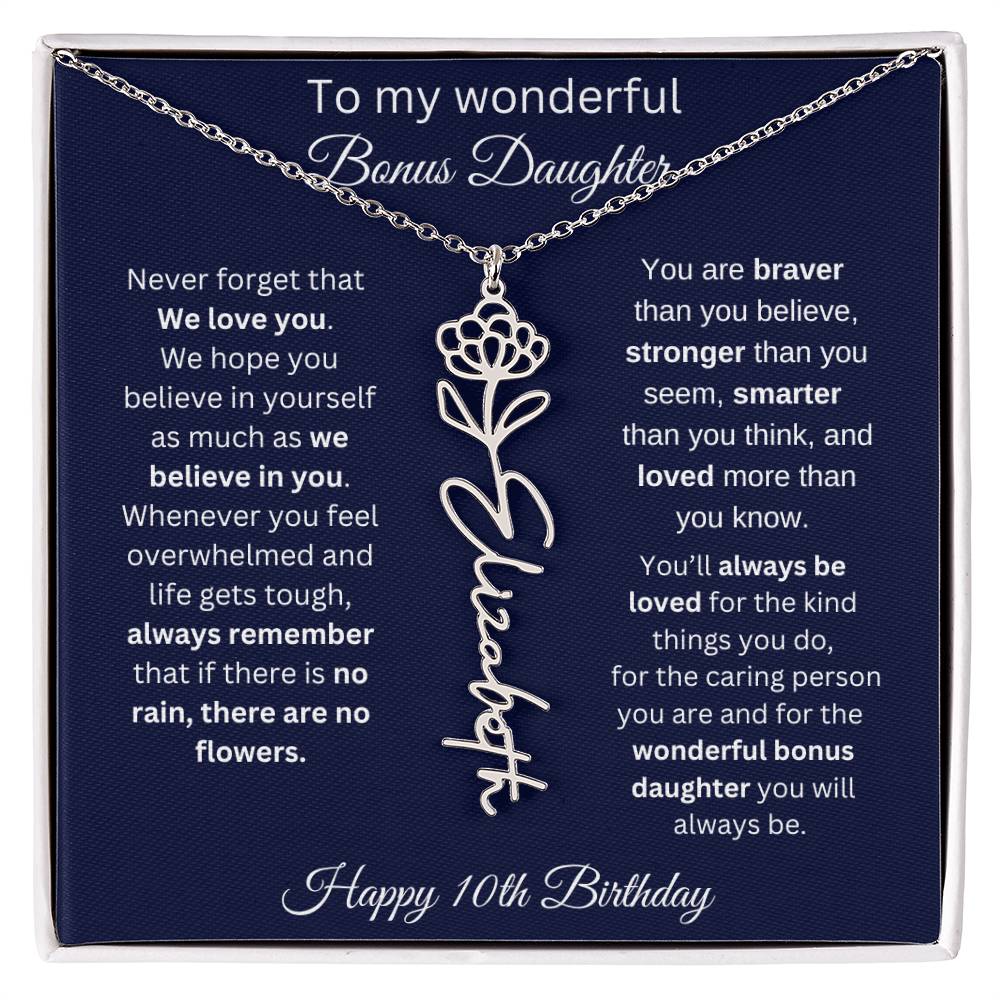 10th Birthday Gift For Bonus Daughter - Personalized Birthmonth Flower Name Necklace