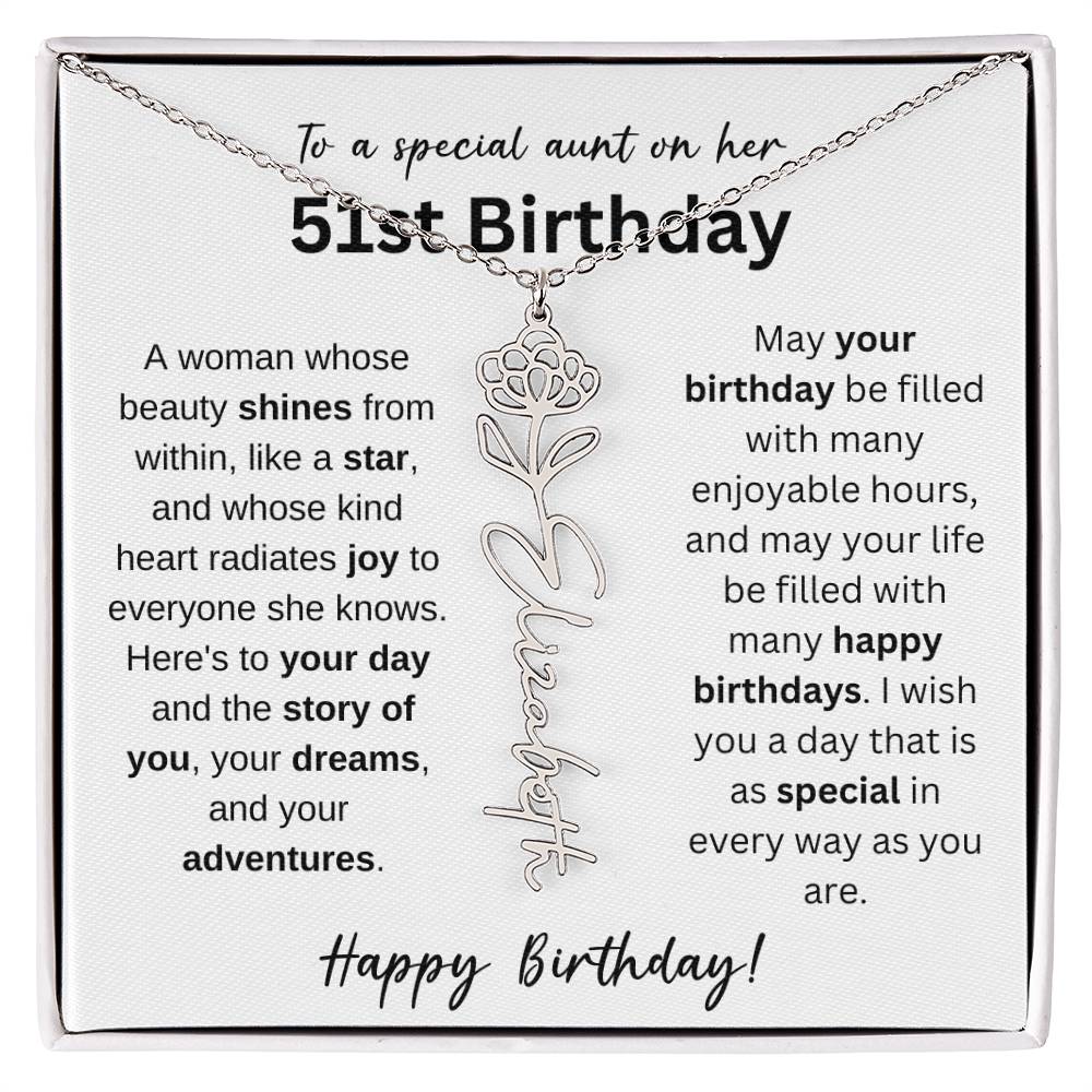 To A Special Aunt Happy 51st Birthday - Flower Name Necklace