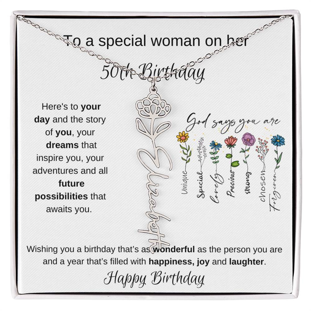 To A Special Woman On Her 50th Birthday - Flower Name Necklace