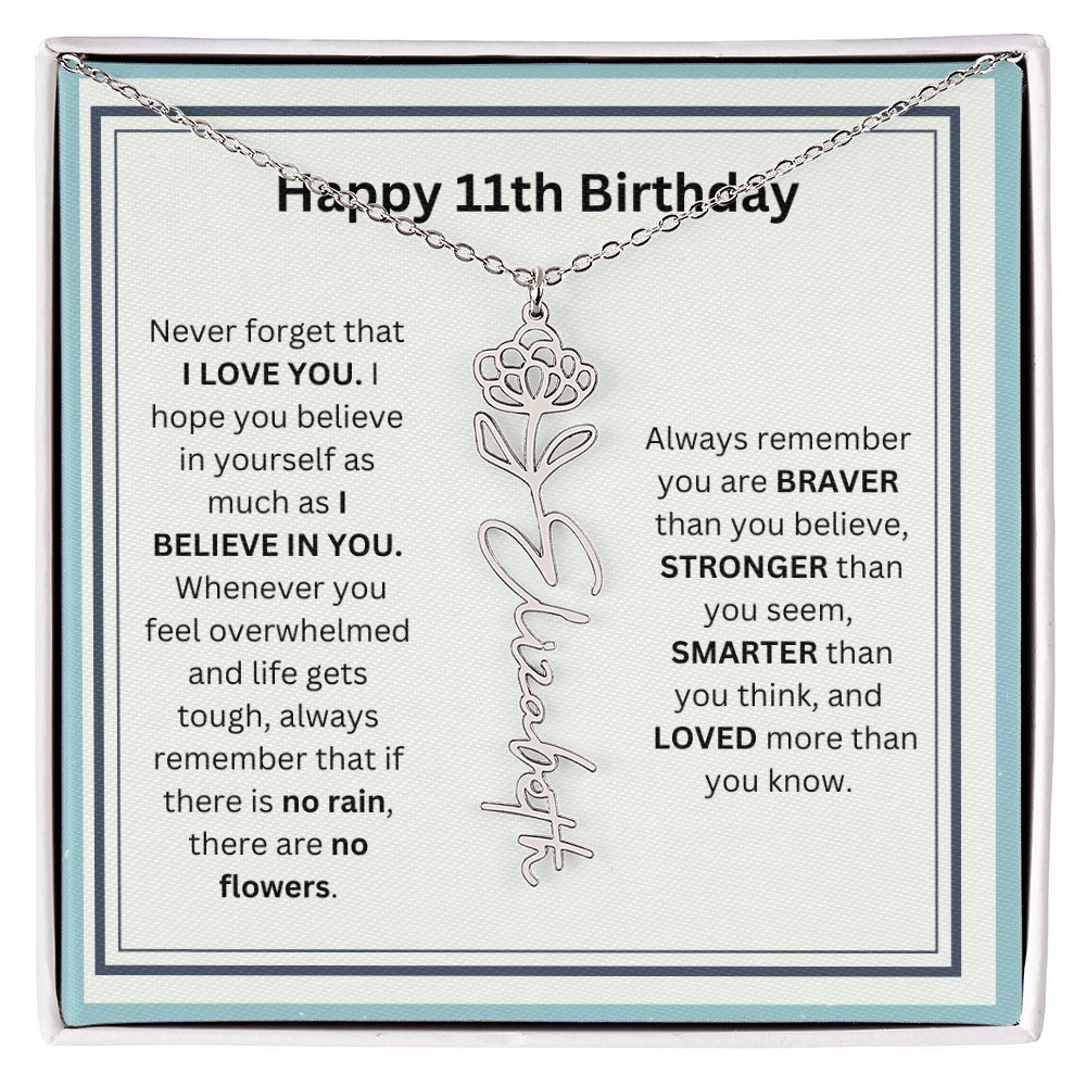 Personalized 11th Birthday Flower Name Necklace Gift