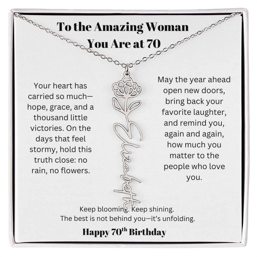To The Amazing Woman | 70th Birthday Keepsake Jewelry | Flower Name Necklace