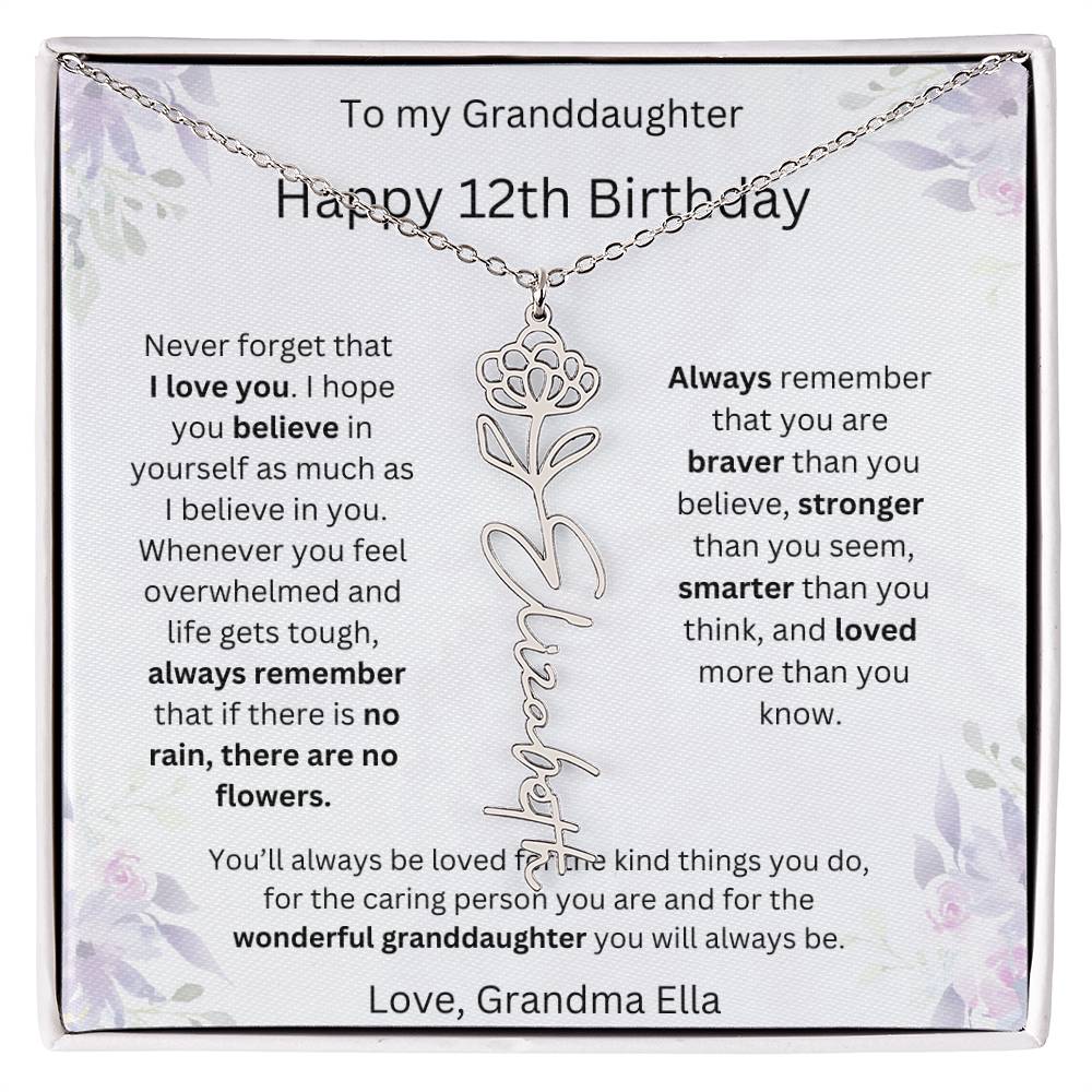 To My Granddaughter - Happy 12th Birthday | Flower Name Necklace