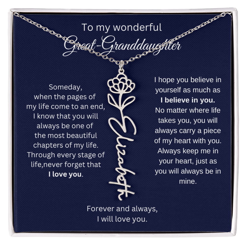 Great Granddaughter Jewelry Gift - Birth Flower Name Necklace