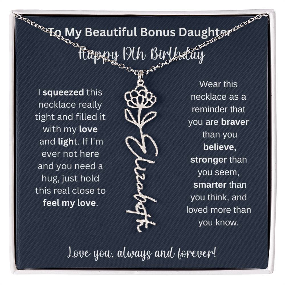 To My Beautiful Bonus Daughter | Happy 19th Birthday | Flower Name Necklace