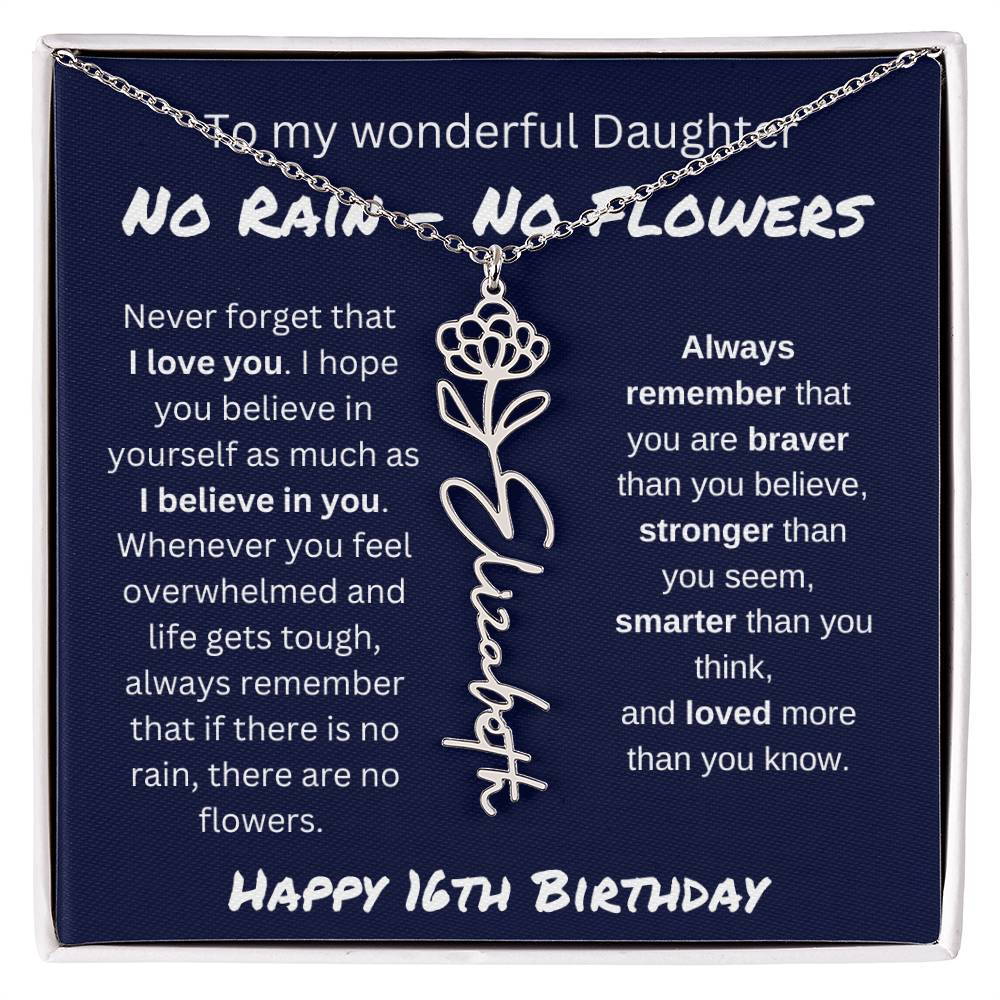 No Rain - No Flower | Happy 16th Birthday | Flower Name Necklace