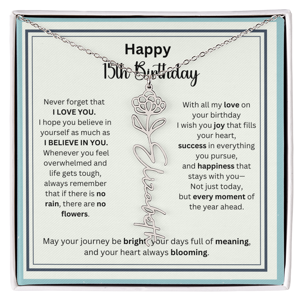 Personalized 15th Birthday Gift for Her - Birth Flower Necklace with Card