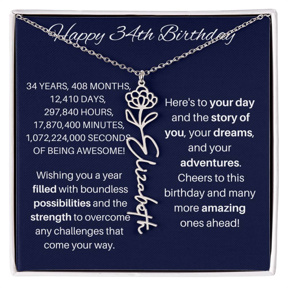 34th Birthday Birth Flower Necklace