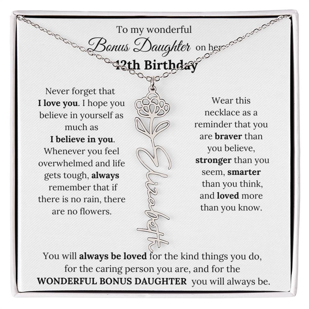 To My Wonderful Bonus Daughter On Her 12th Birthday | I Love You | Flower Name Necklace