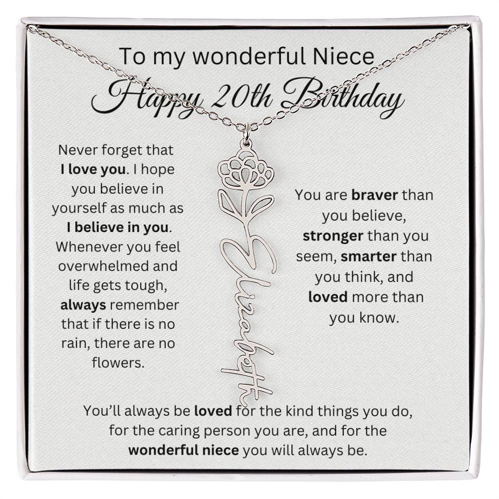 To My Wonderful Niece Happy 20th Birthday - Flower Name Necklace