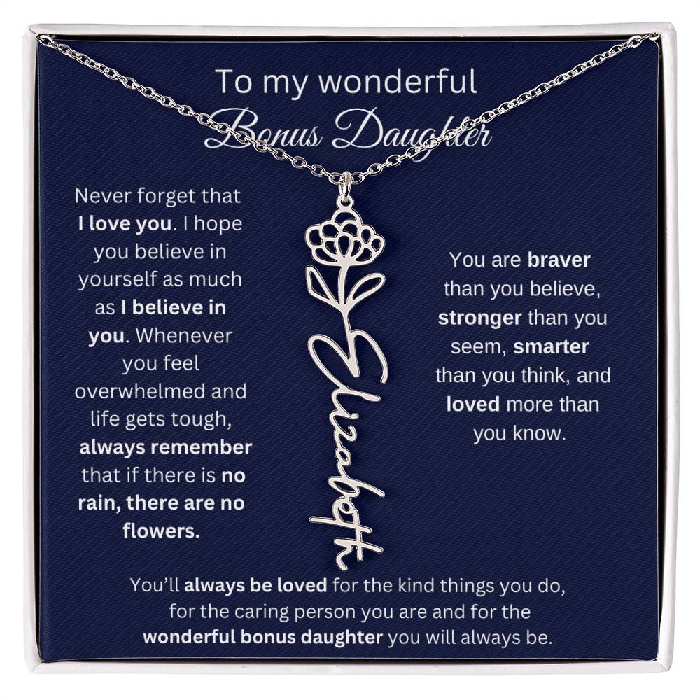 To My Wonderful Bonus Daughter - I Love You - Flower Name Necklace
