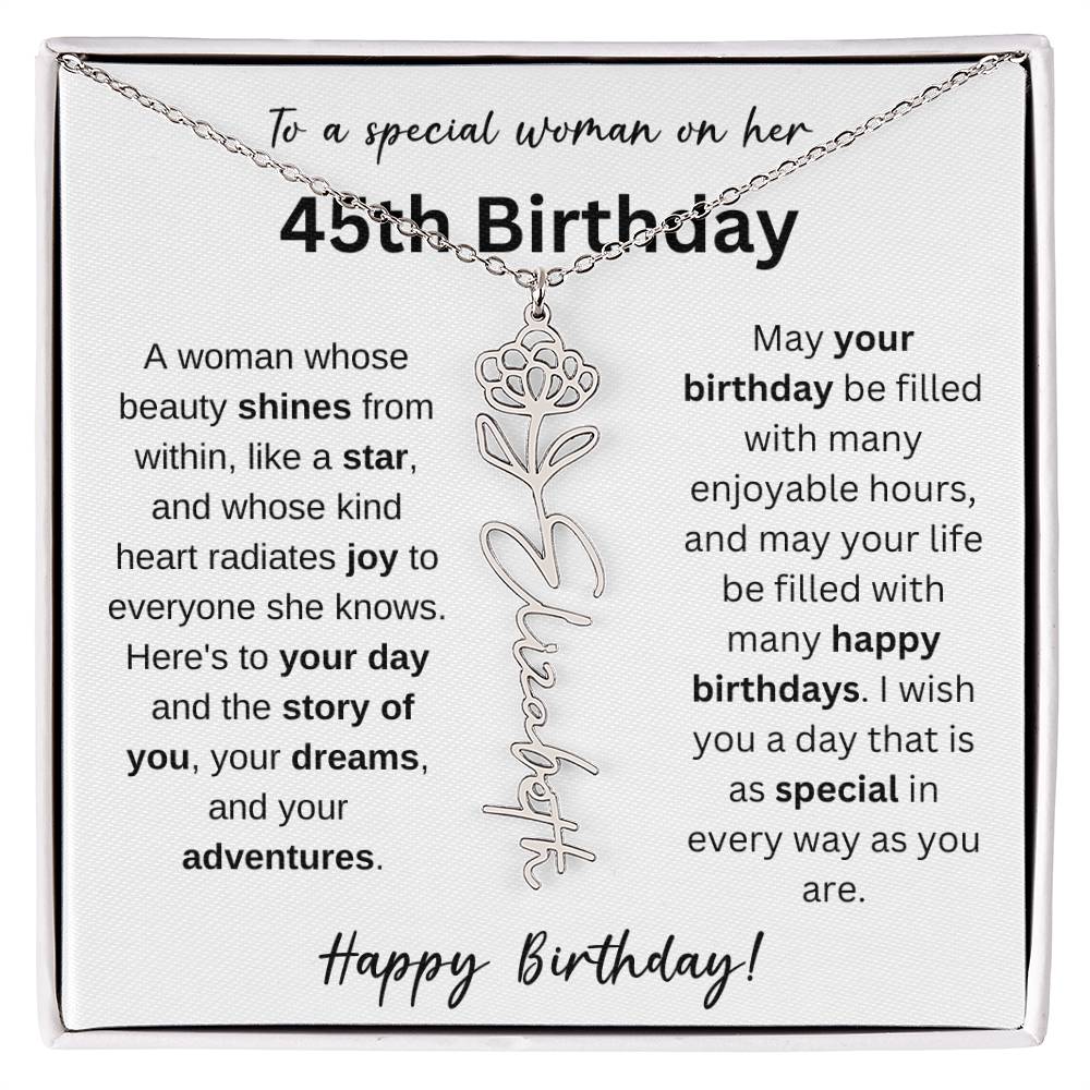 To A Special Woman - Happy 45th Birthday - Flower Name Necklace