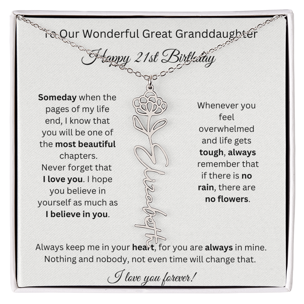 Birthflower Name Necklace To My Great Granddaughter's 21st Birthday