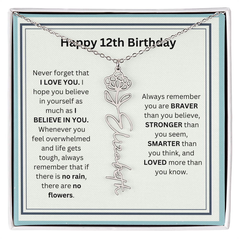 Personalized 12th Birthday Flower Name Necklace Gift
