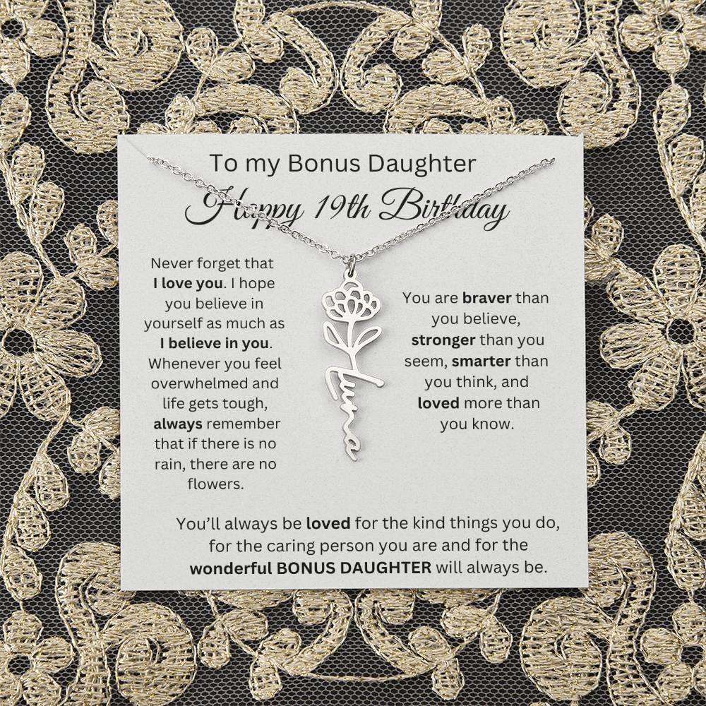 To My Bonus Daughter | Happy 19th Birthday | Flower Name Necklace