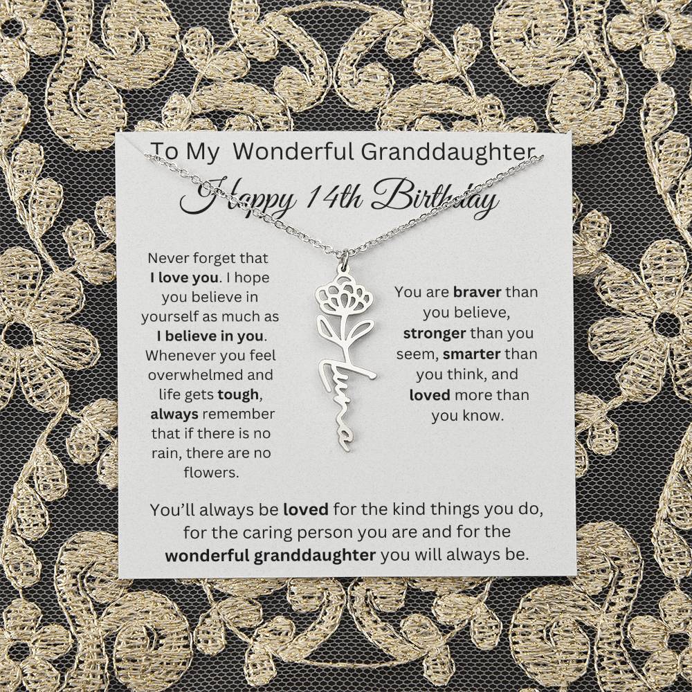 To My Wonderful Granddaughter - Happy 14th Birthday - Flower Name Necklace