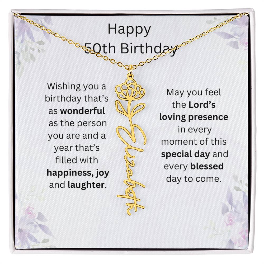 Wishing You Happiness, Joy & Laughter - Happy 50th Birthday | Flower Name Necklace