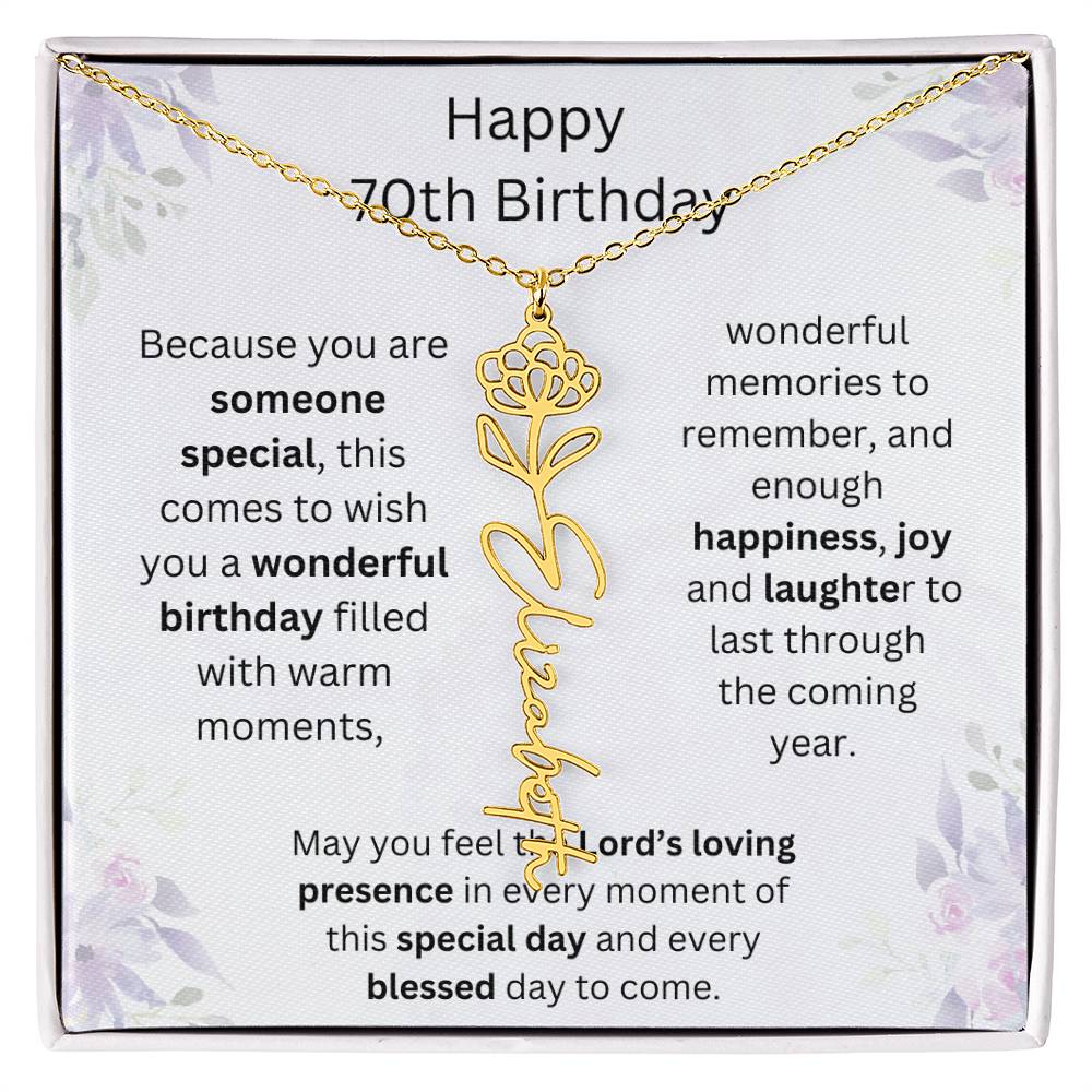 Wishing You Happiness, Joy & Laughter - Happy 70th Birthday | Flower Name Necklace