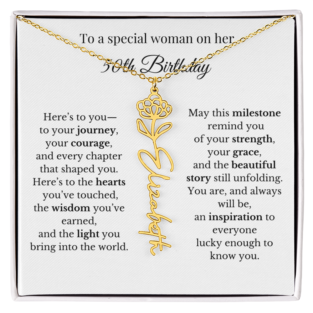 50th Birthday Gift To A Special Woman | Personalized Birth Flower Name Necklace