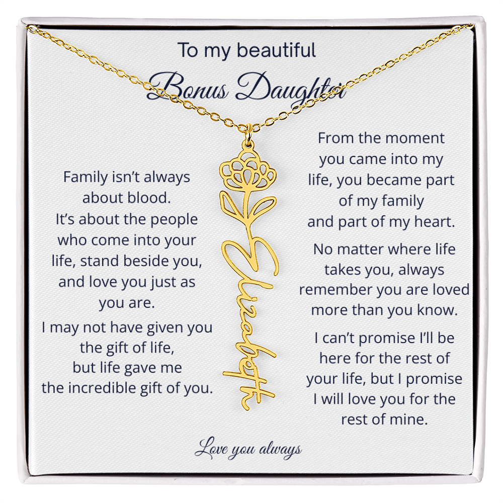 Bonus Daughter Jewelry Gift - Personalized Birth Flower Name Necklace