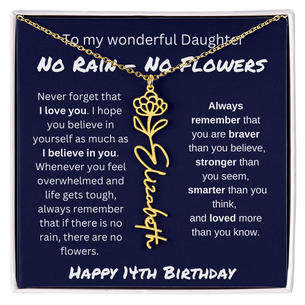 No Rain - No Flower | Happy 14th Birthday | Flower Name Necklace
