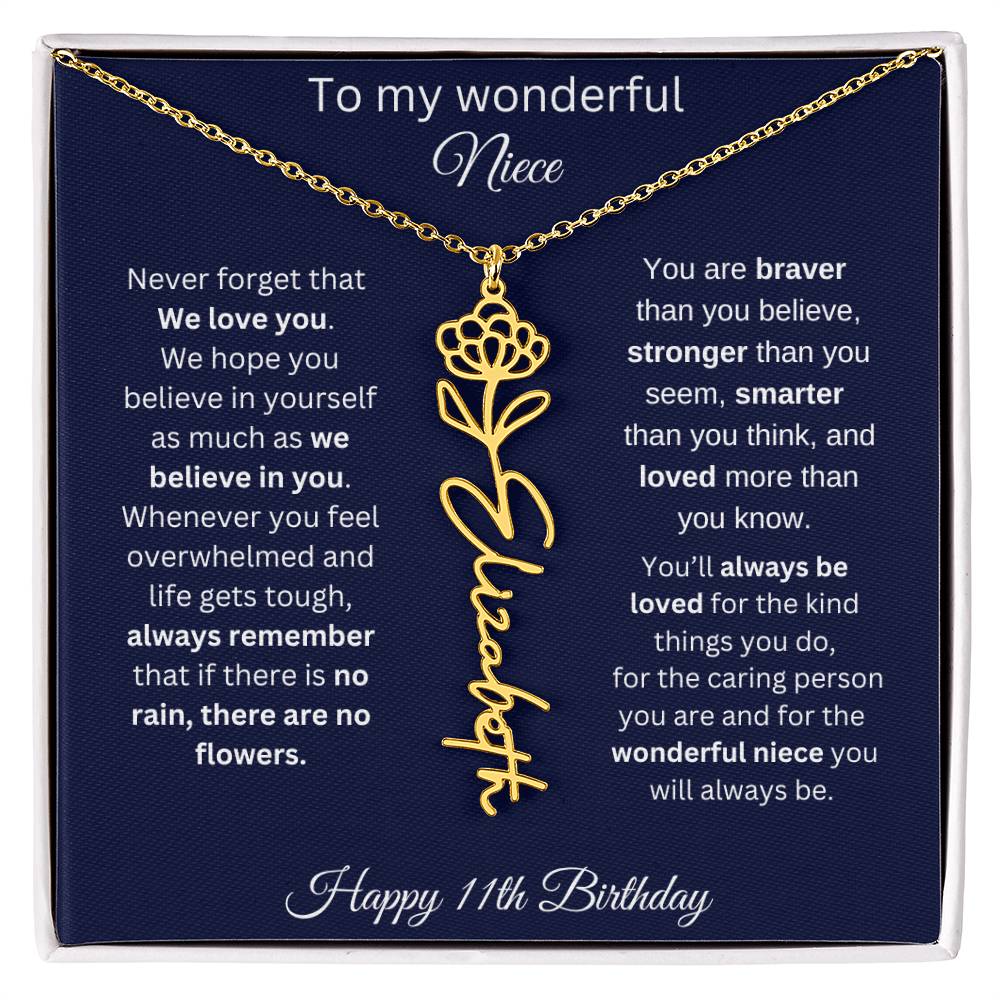 11th Birthday Gift For Niece - Personalized Birthmonth Flower Name Necklace