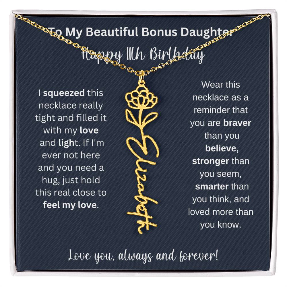 To My Beautiful Bonus Daughter | Happy 11th Birthday | Flower Name Necklace