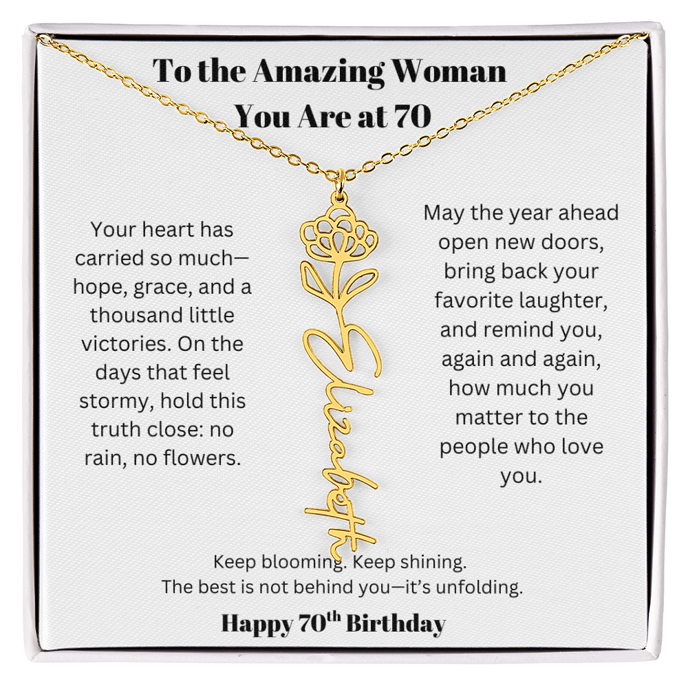 To The Amazing Woman | 70th Birthday Keepsake Jewelry | Flower Name Necklace