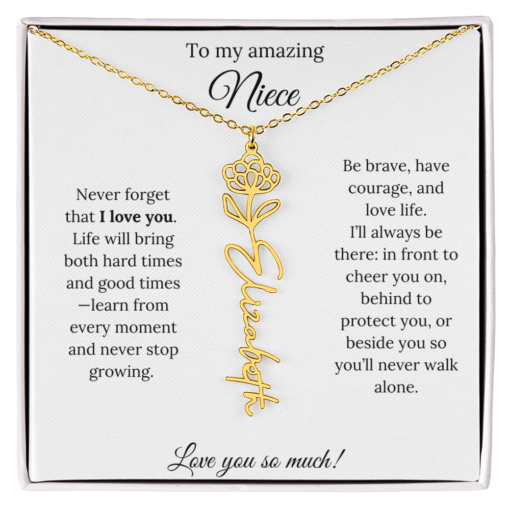 Niece Gift – Birth Flower Name Necklace + Inspiring Message Card