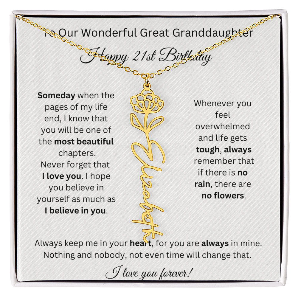 Birthflower Name Necklace To My Great Granddaughter's 21st Birthday