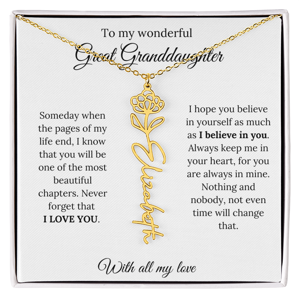 Great Granddaughter Birth Flower Name Necklace – “You Are One of the Most Beautiful Chapters” – Custom Keepsake Jewelry Gift