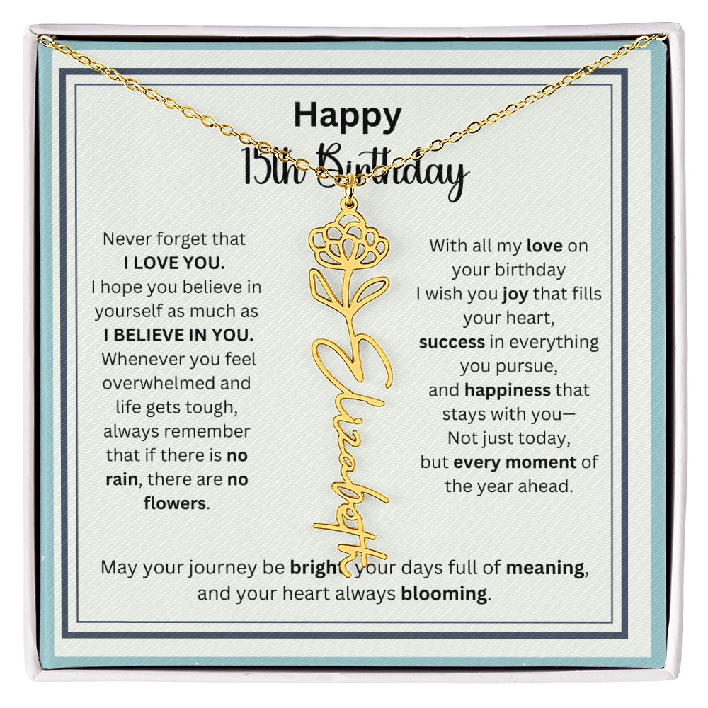 Personalized 15th Birthday Gift for Her - Birth Flower Necklace with Card