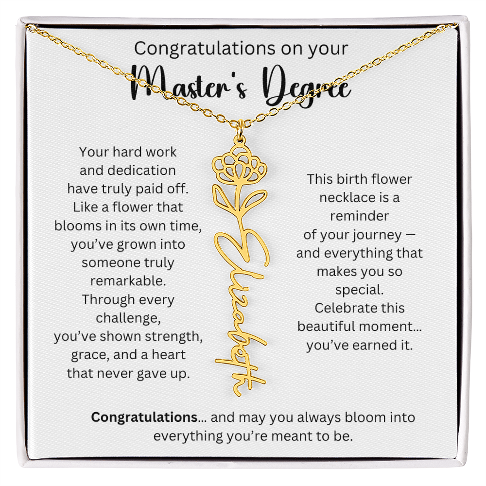 Personalized Masters Graduation Keepsake Gift - Birth Flower Name Necklace