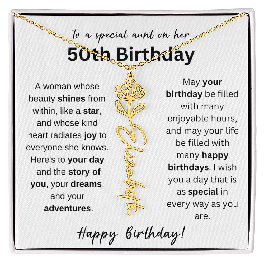 To A Special Aunt Happy 50th Birthday - Flower Name Necklace