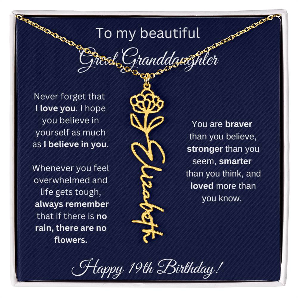 19th Birthday Gift For Great Granddaughter - Birthmonth Flower Name Necklace