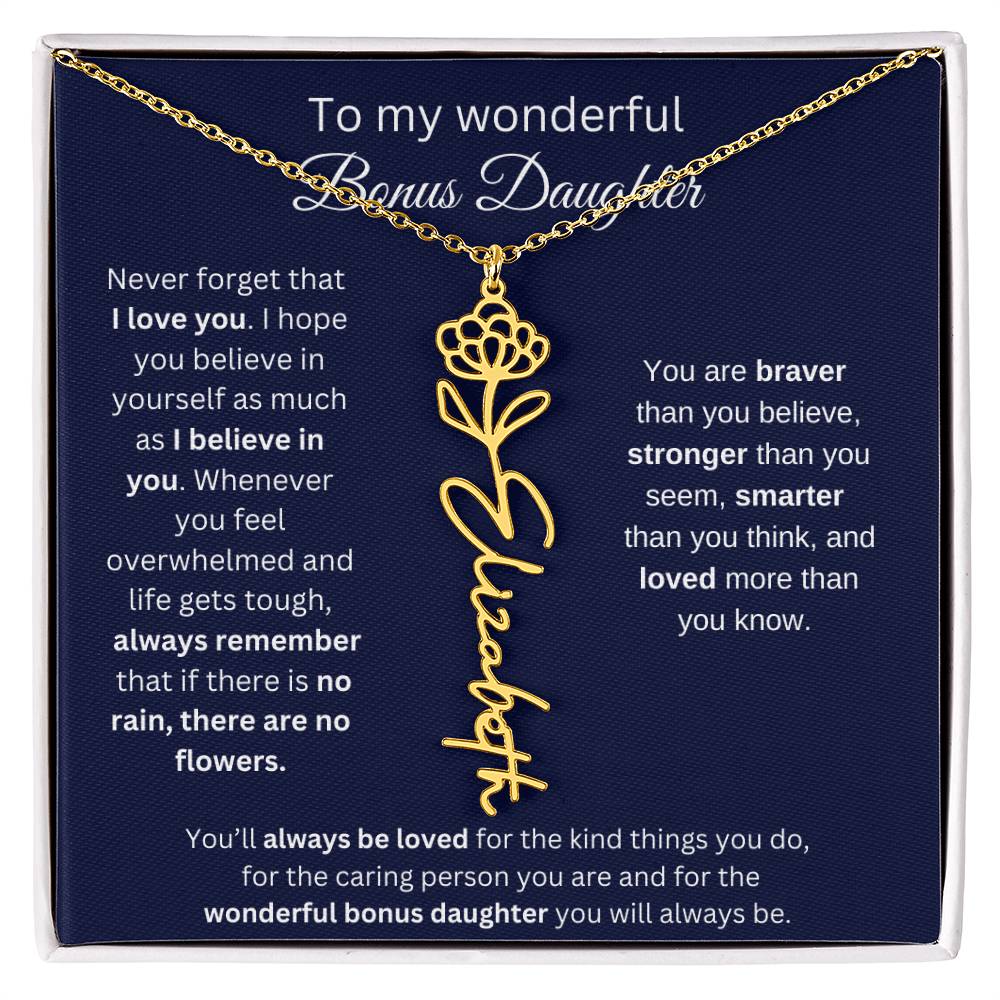 To My Wonderful Bonus Daughter - I Love You - Flower Name Necklace