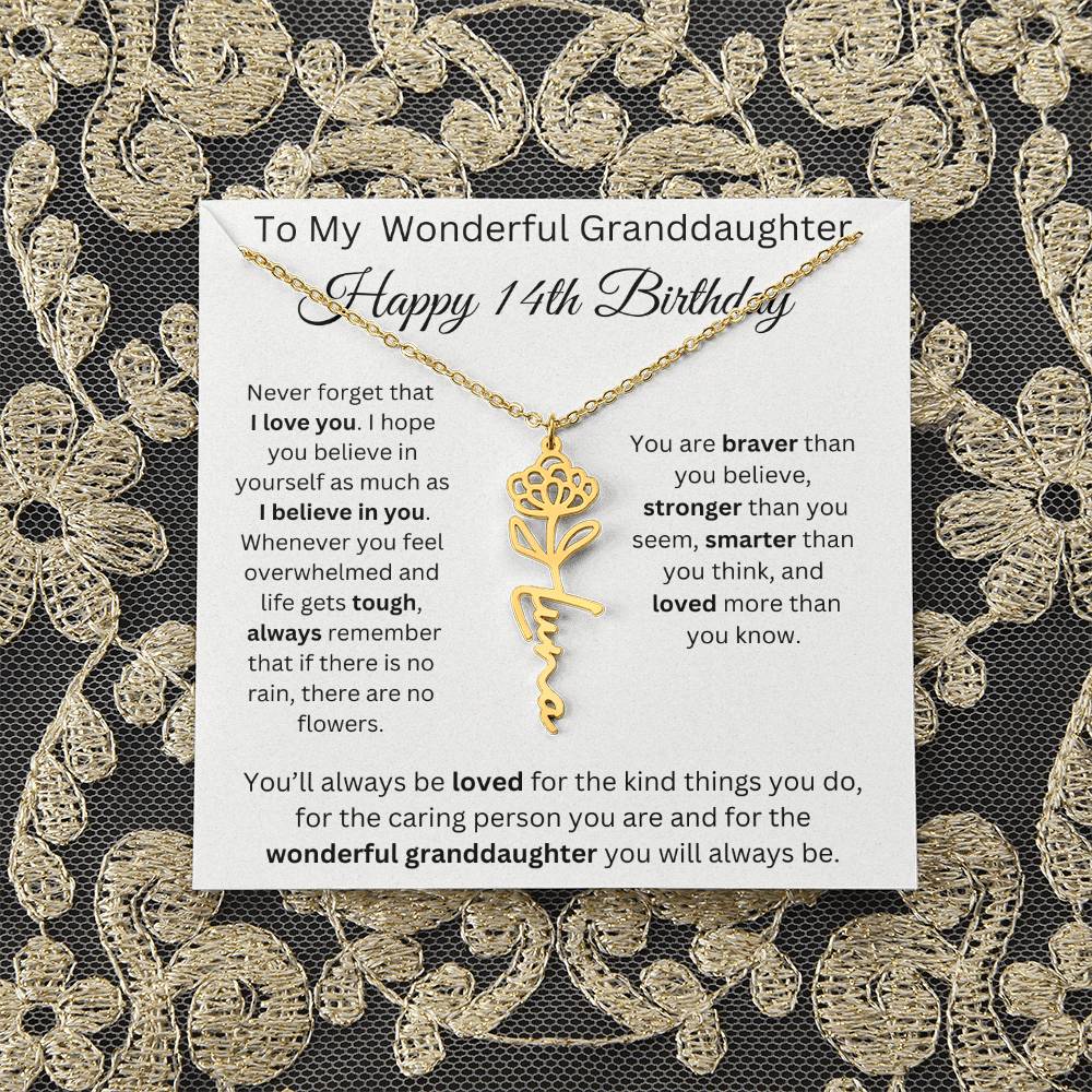 To My Wonderful Granddaughter - Happy 14th Birthday - Flower Name Necklace
