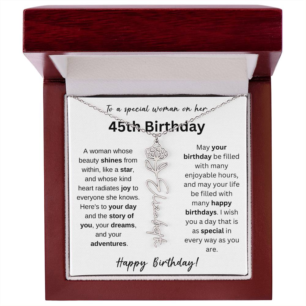 To A Special Woman - Happy 45th Birthday - Flower Name Necklace
