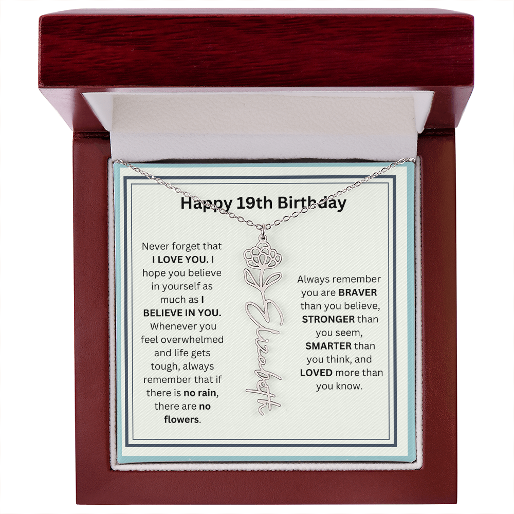 Personalized 19th Birthday Flower Name Necklace Gift