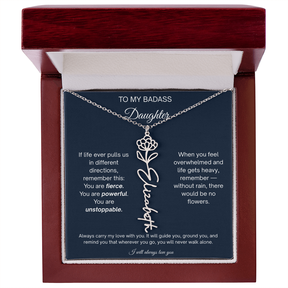 Badass Daughter Personalized Birth Flower Name Necklace