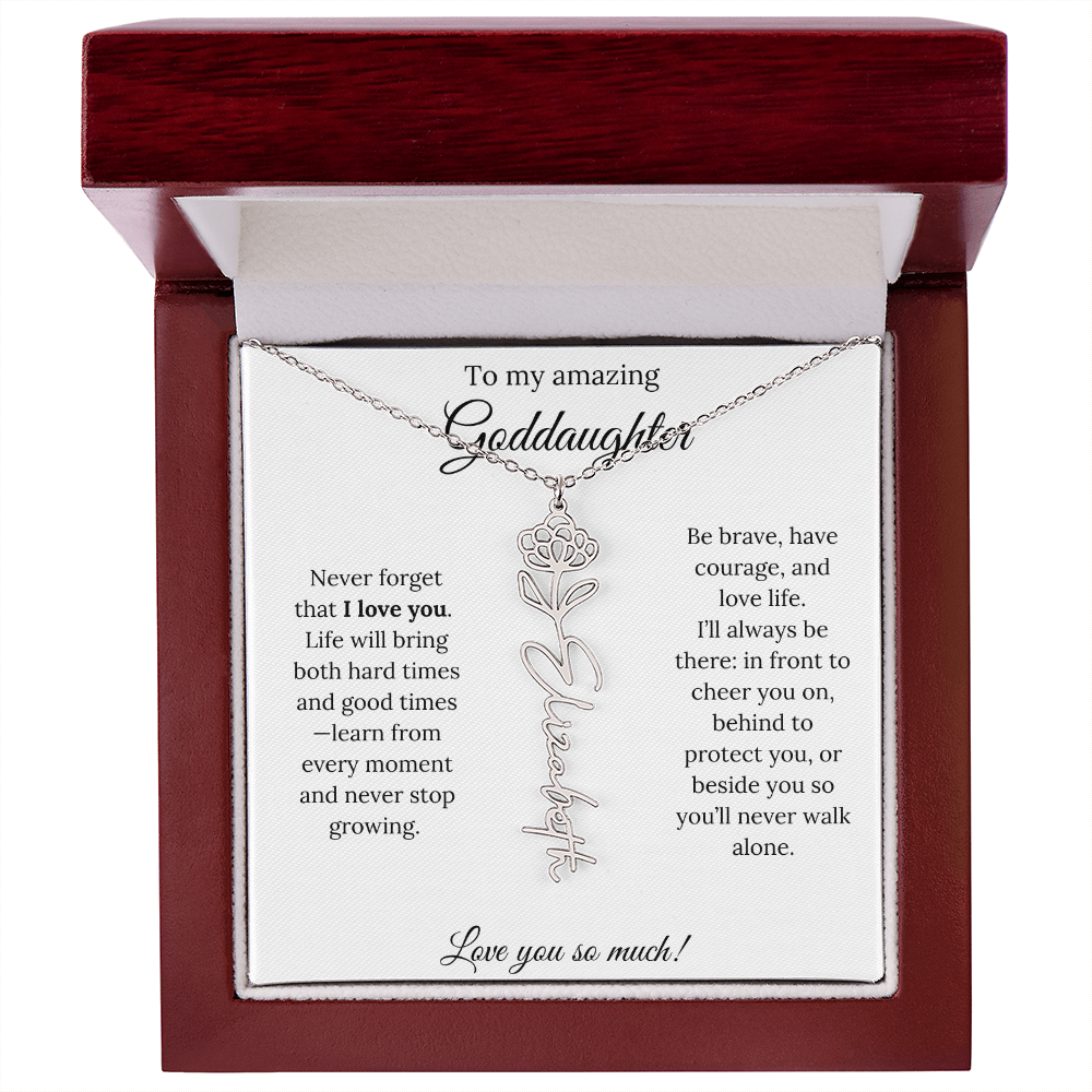 Never Forget I Love You Goddaughter Necklace – Personalized Birth Flower Jewelry + Quote Card Gift for Birthday