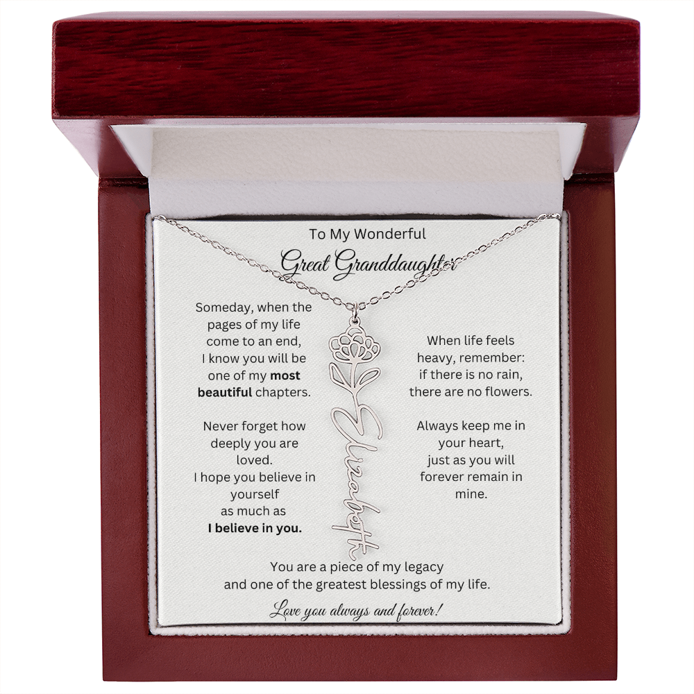Great Granddaughter Gift - Custom Birth Flower Name Necklace