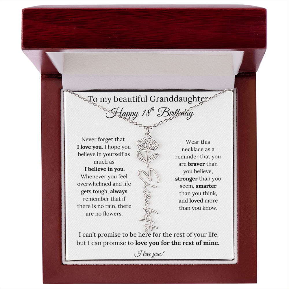 18th Birthday Gift for Granddaughter Flower Name Necklace with Message Card