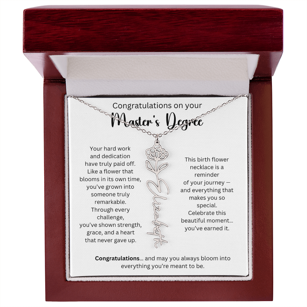 Personalized Masters Graduation Keepsake Gift - Birth Flower Name Necklace