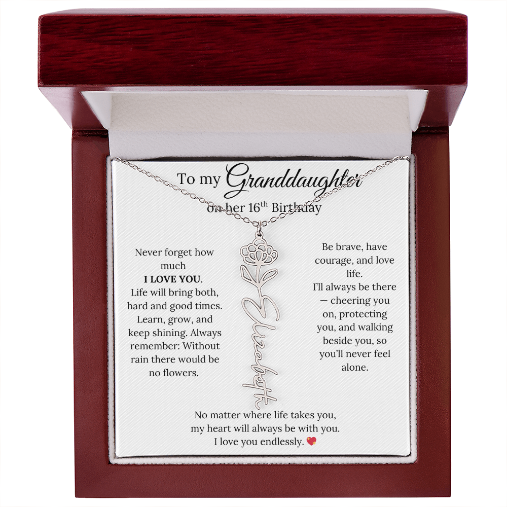 16th Birthday Gift For Granddaughter - Personalized Flower Name Necklace