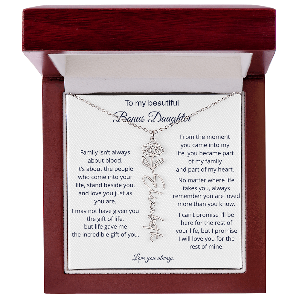Bonus Daughter Jewelry Gift - Personalized Birth Flower Name Necklace