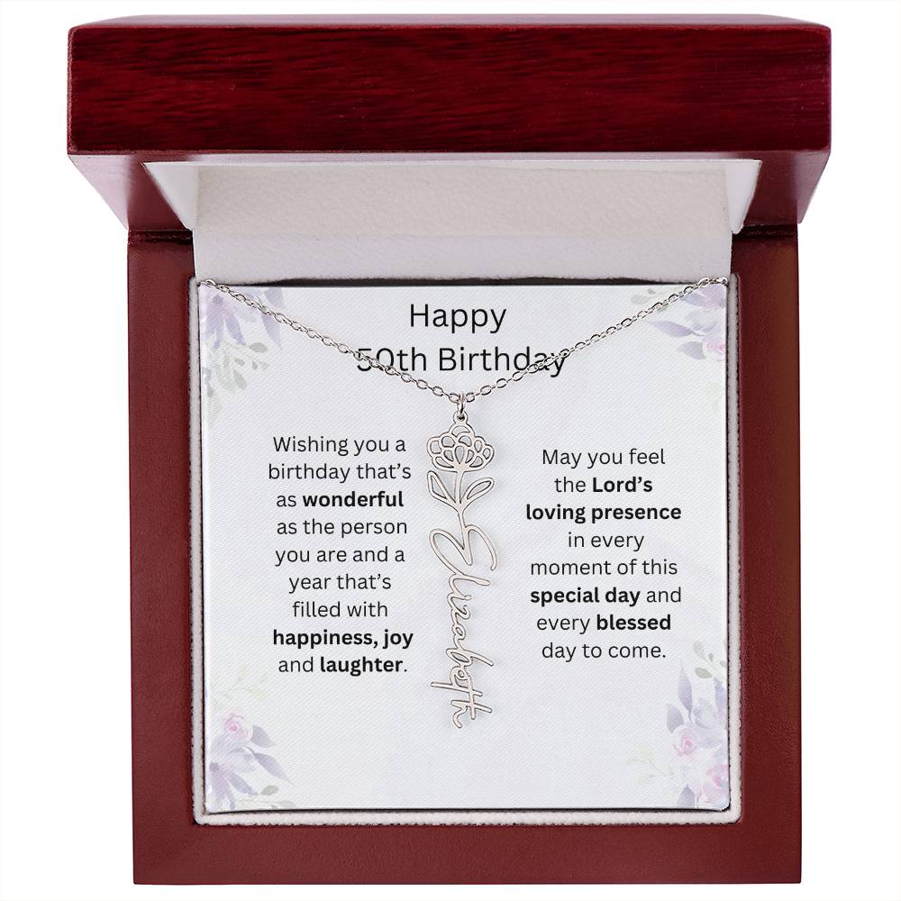 Wishing You Happiness, Joy & Laughter - Happy 50th Birthday | Flower Name Necklace